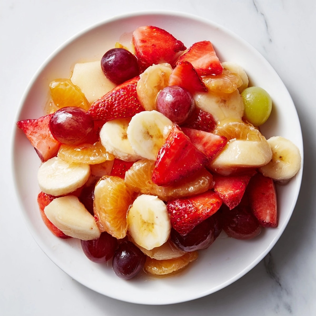Vibrant Dole Fruit Salad glistening in a bowl, topped with sweet citrus dressing drizzle.