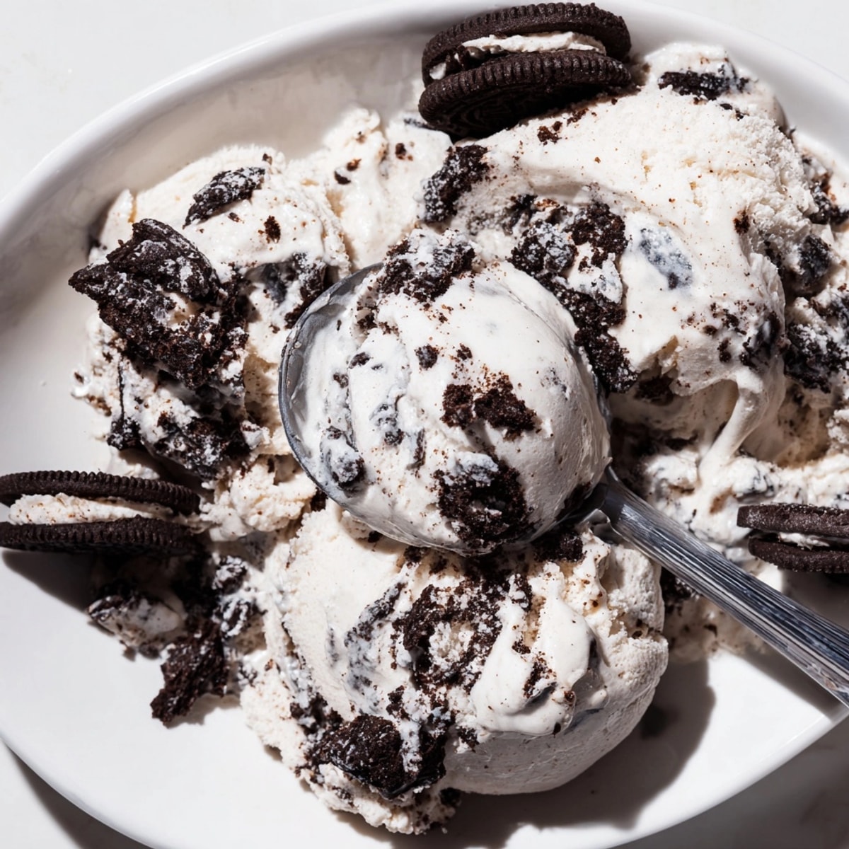 Cold, refreshing Cookies and Cream Ice Cream, ready to be served in a bowl.