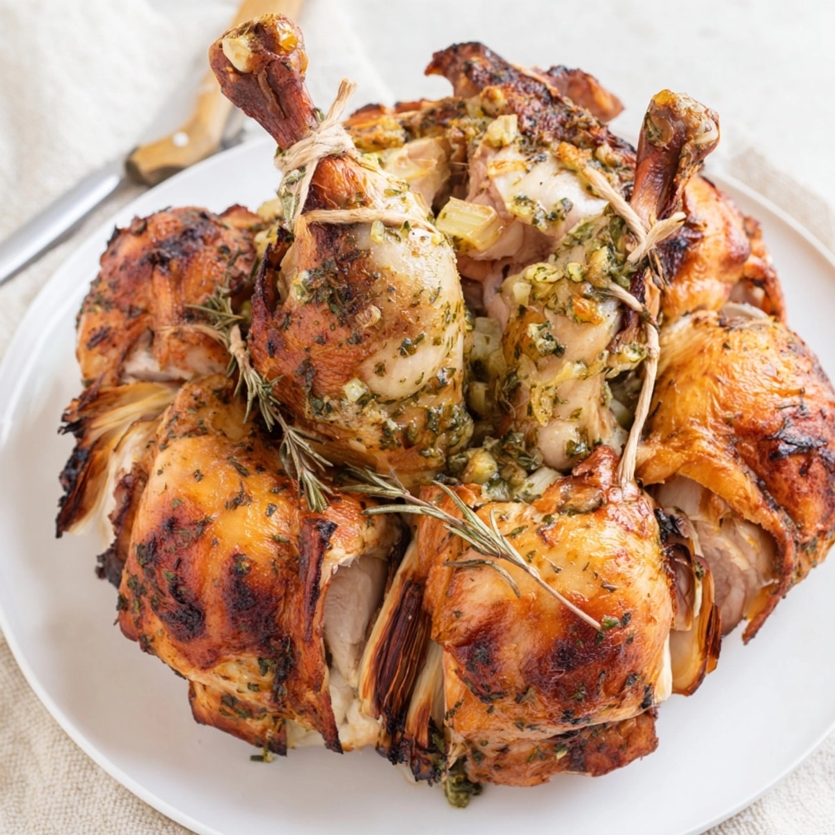 Golden-brown Chicken Crown Roast, beautifully arranged on a platter, ready for a festive meal.