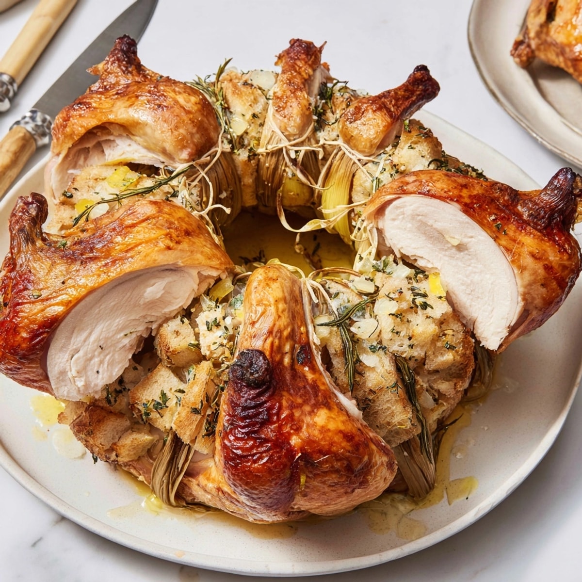 Impressive Chicken Crown Roast, showcasing moist meat and crispy skin - perfect for holiday dining.