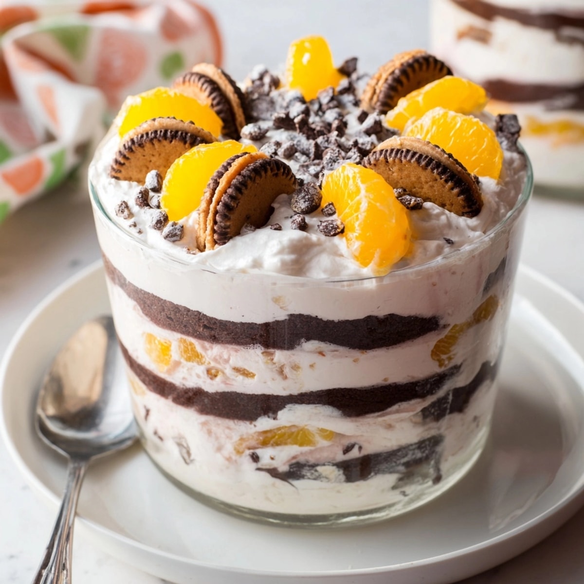 Creamy Striped Cookie Salad with layers of fruit, a delightful dessert in a trifle bowl.