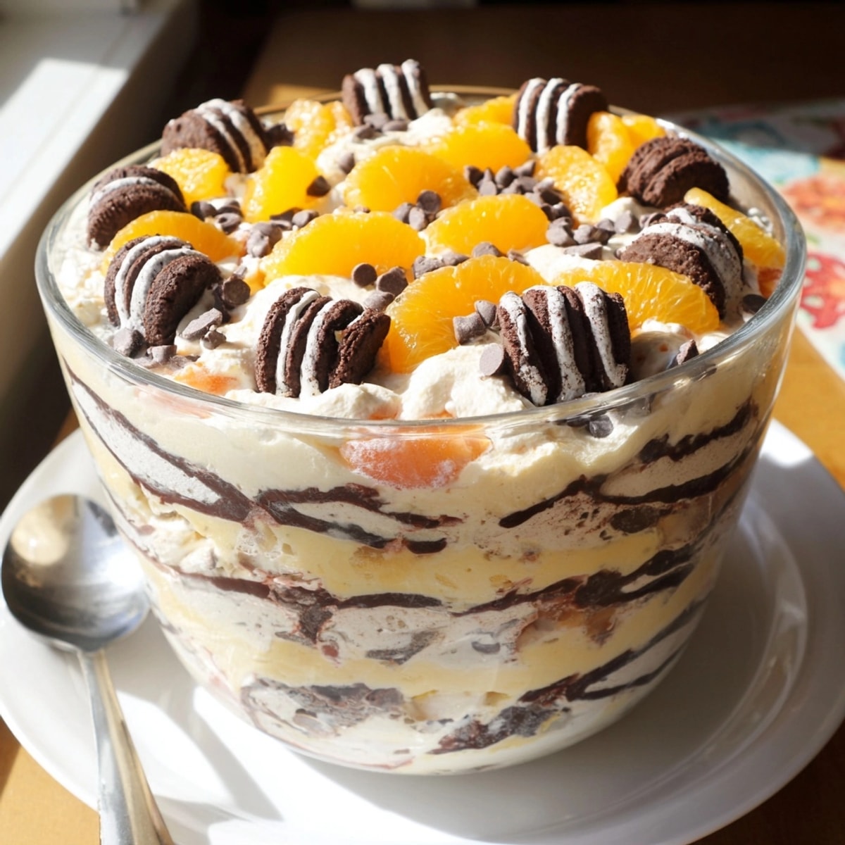 Close-up of Striped Cookie Salad, showing cookie pieces and fruit suspended in rich cream.