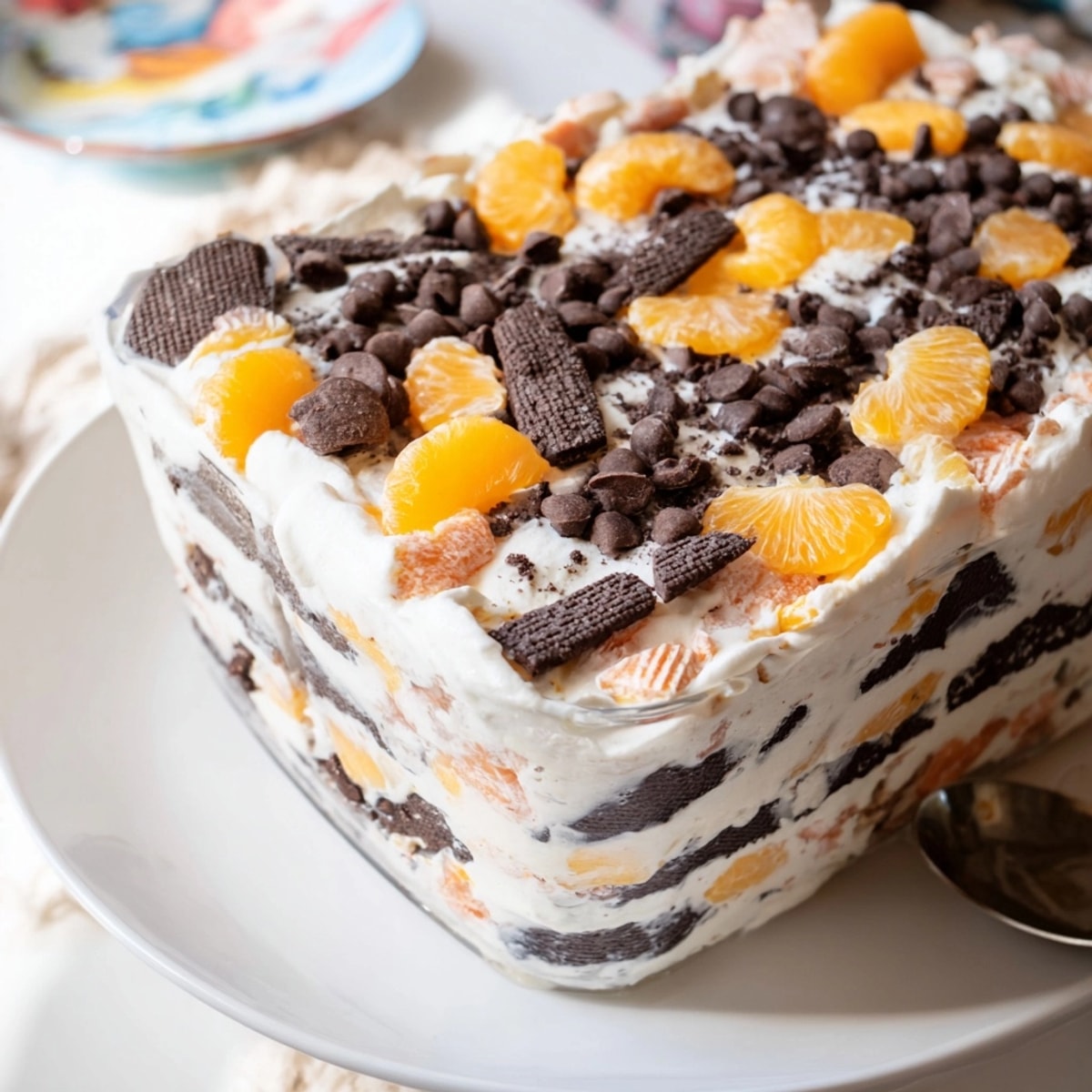 Festive Striped Cookie Salad, garnished with mandarin oranges and chocolate; ready for potluck serving.