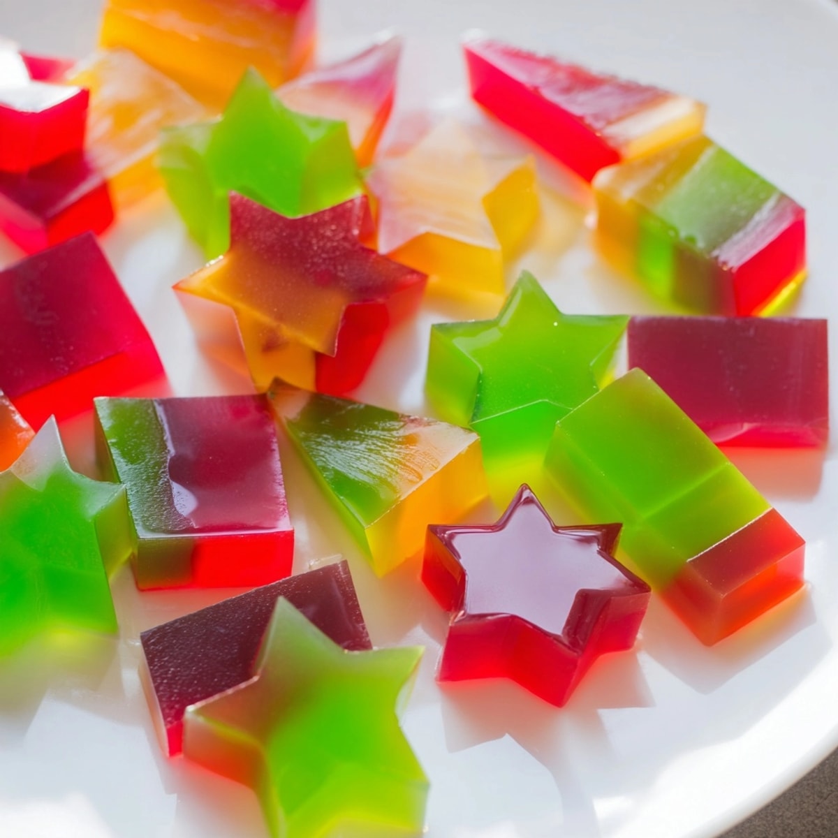 Vibrant Finger Jello squares on a plate, jiggly and ready for a party snack.
