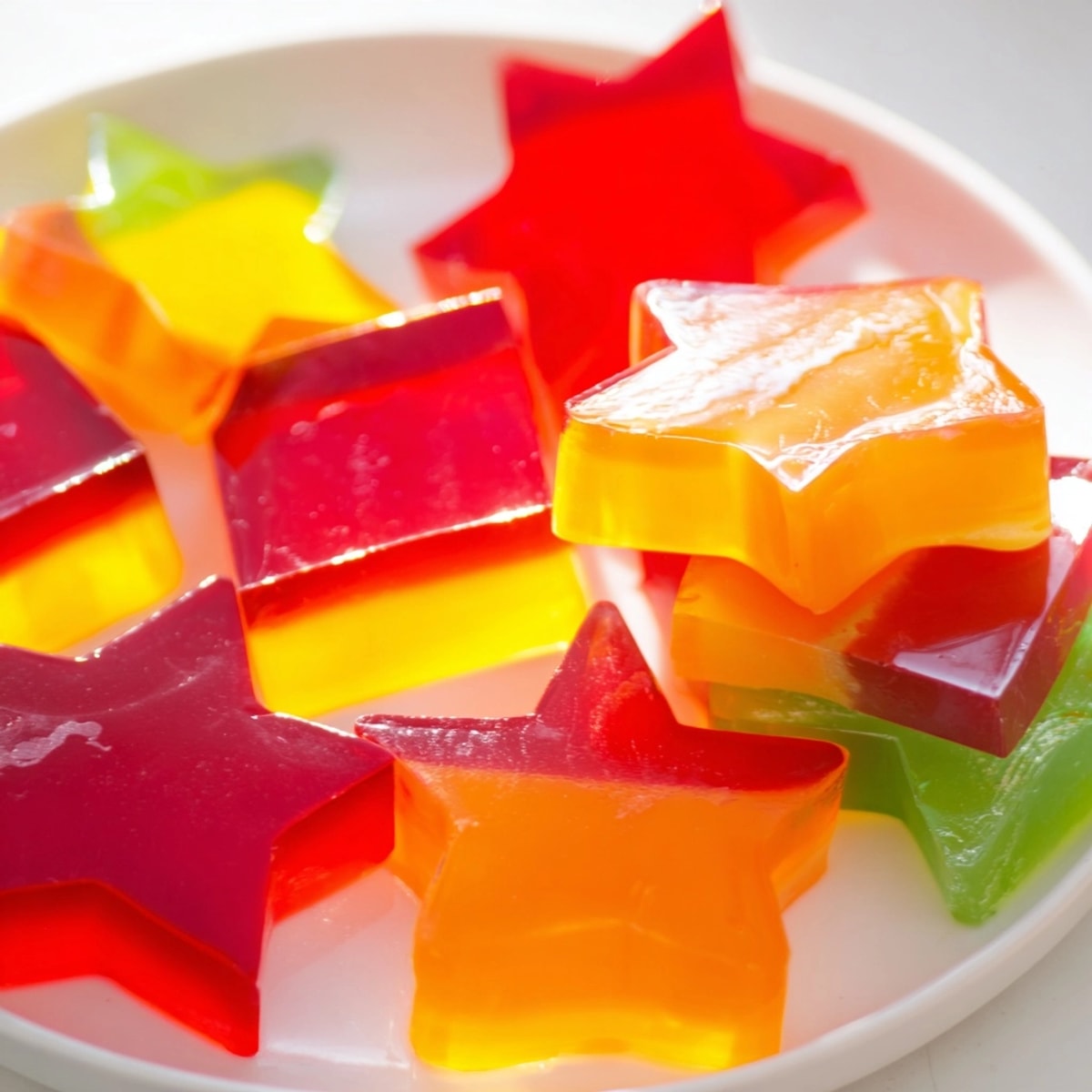 Close-up of colorful Finger Jello, firm gelatin dessert cut into fun shapes.