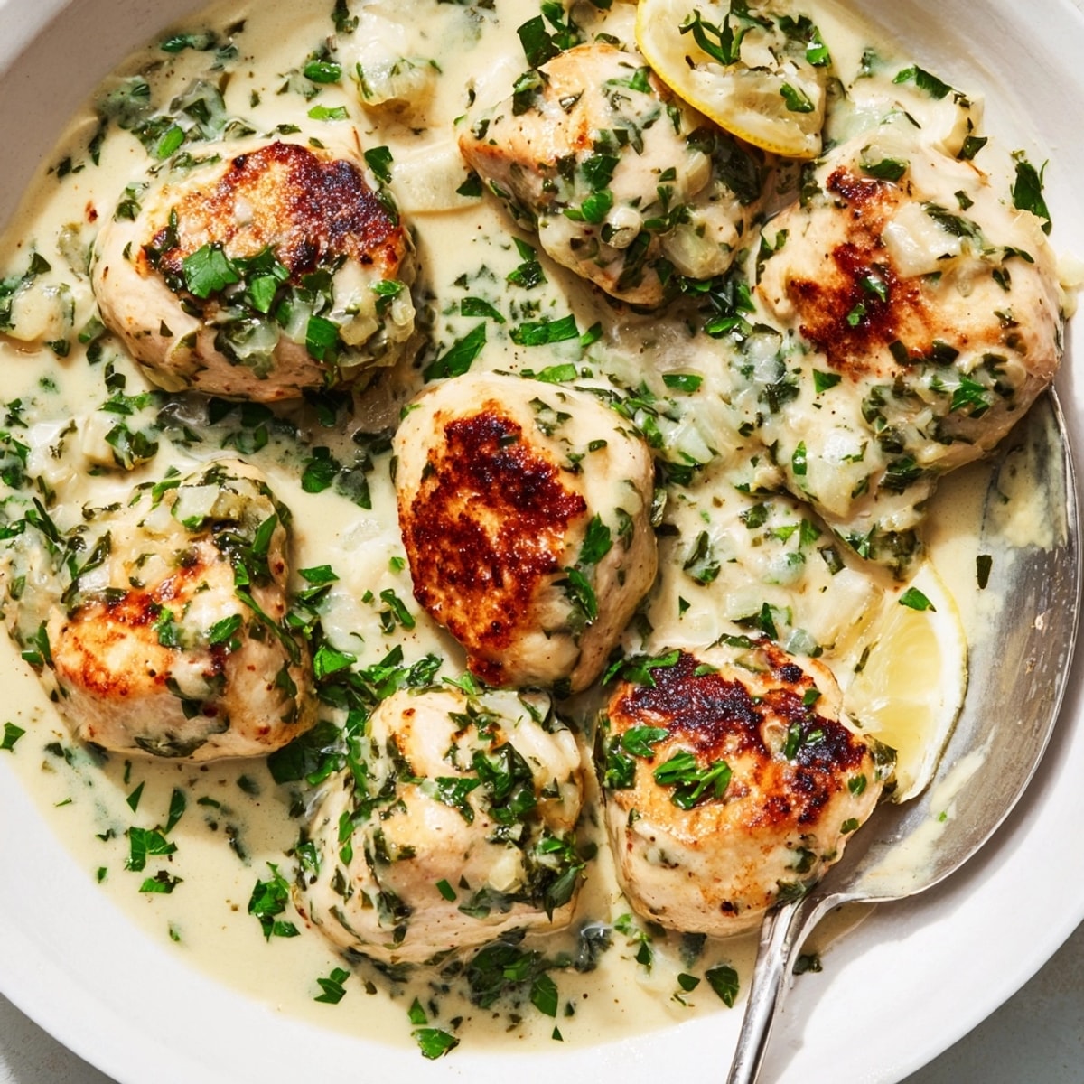 Creamy Parsley Chicken: Juicy chicken simmered in a rich, fragrant sauce, sprinkled with fresh parsley.