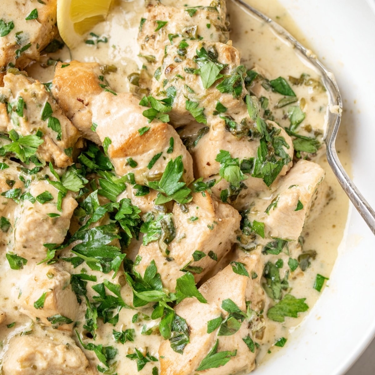 Elegant Parsley Chicken recipe, served hot with lemon wedges and fluffy mashed potatoes.