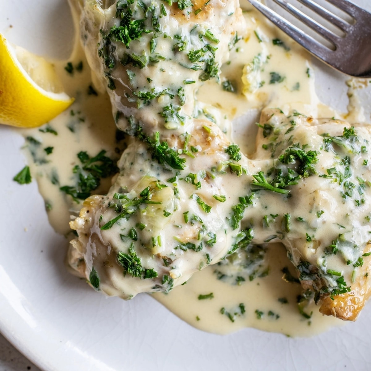 Golden Parsley Chicken breasts in a creamy, herbaceous sauce, ready for a comforting dinner.