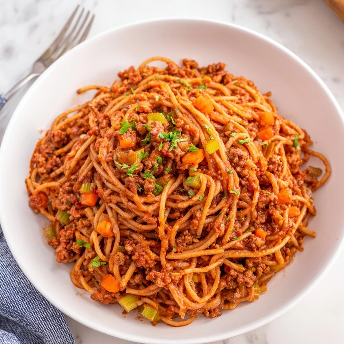 Rustic bowl of spaghetti topped with savory plant-based Impossible Burger Bolognese, garnished with fresh basil.