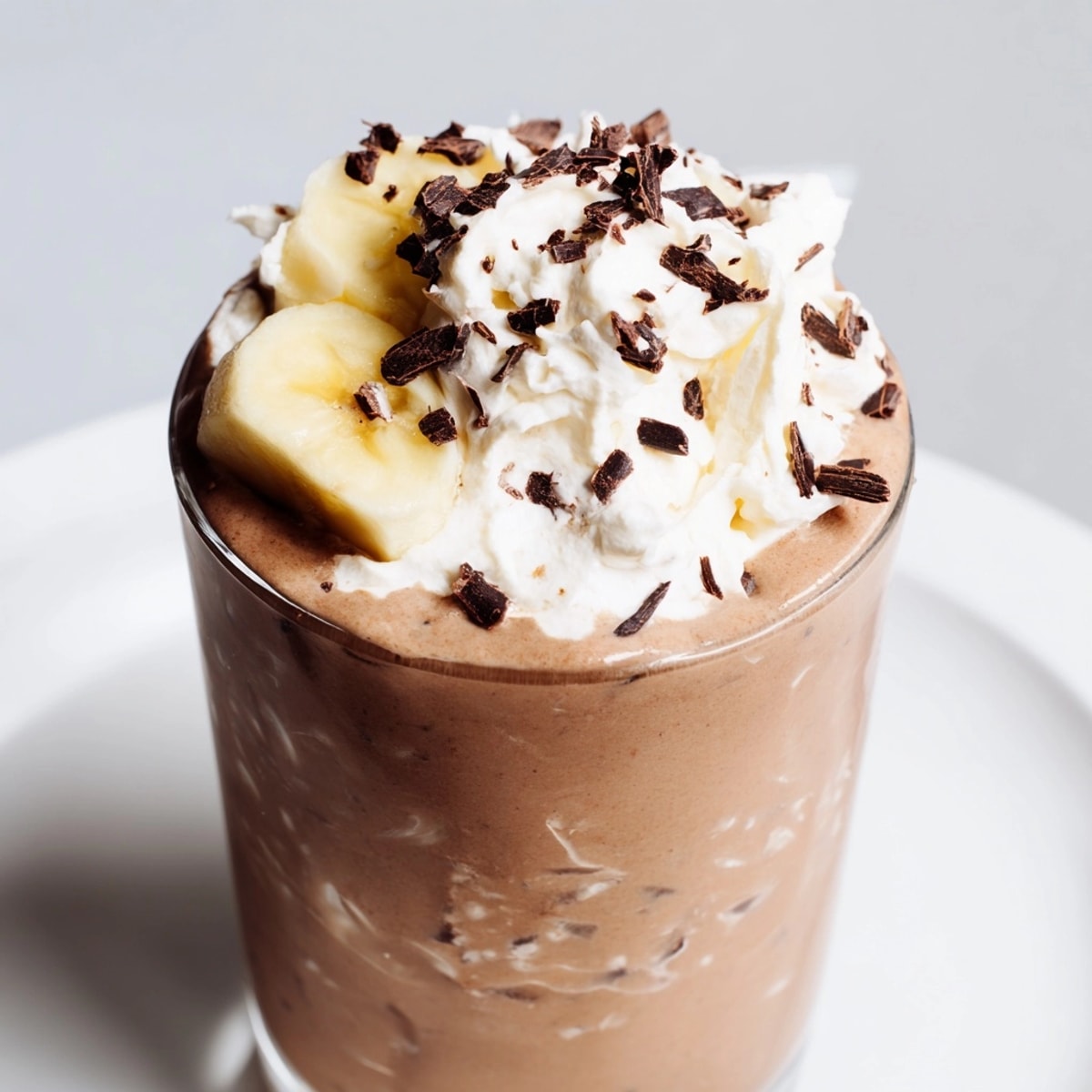 Creamy Chocolate Banana Smoothie: Swirls of chocolate cascade through the blended banana base, ready to drink.