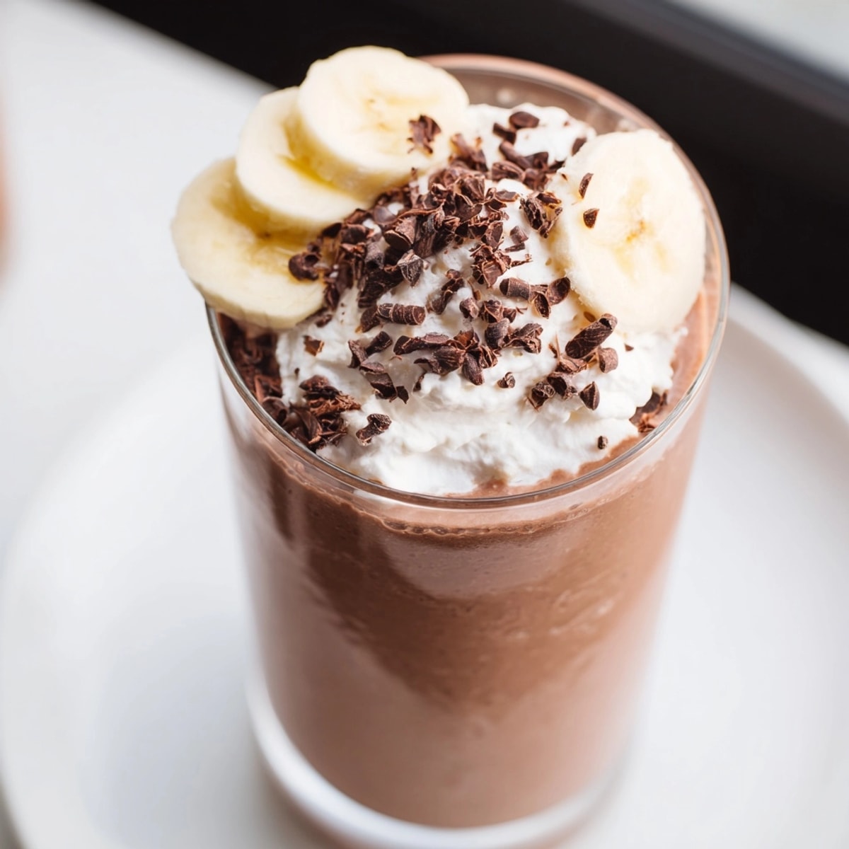Tall glass of a rich Chocolate Banana Smoothie with whipped cream and chocolate shavings.