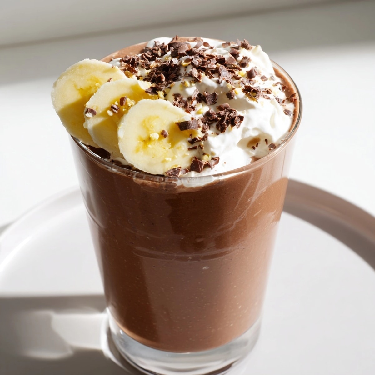 Homemade Chocolate Banana Smoothie, a frozen, healthy breakfast option, topped with sliced bananas.