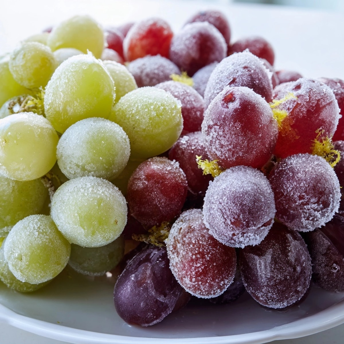 Icy, sweet frozen grapes on parchment: a refreshing vegan dessert or snack recipe.