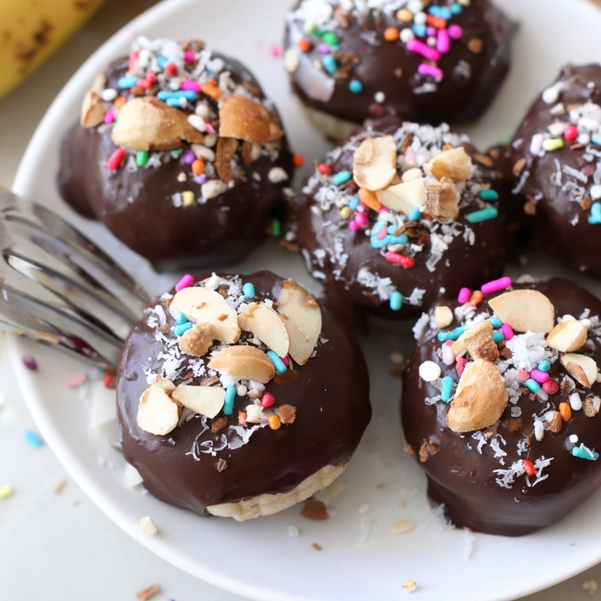 Frozen Chocolate Dipped Banana Bites recipe: chilled, sweet banana coated in deep, dark chocolate.