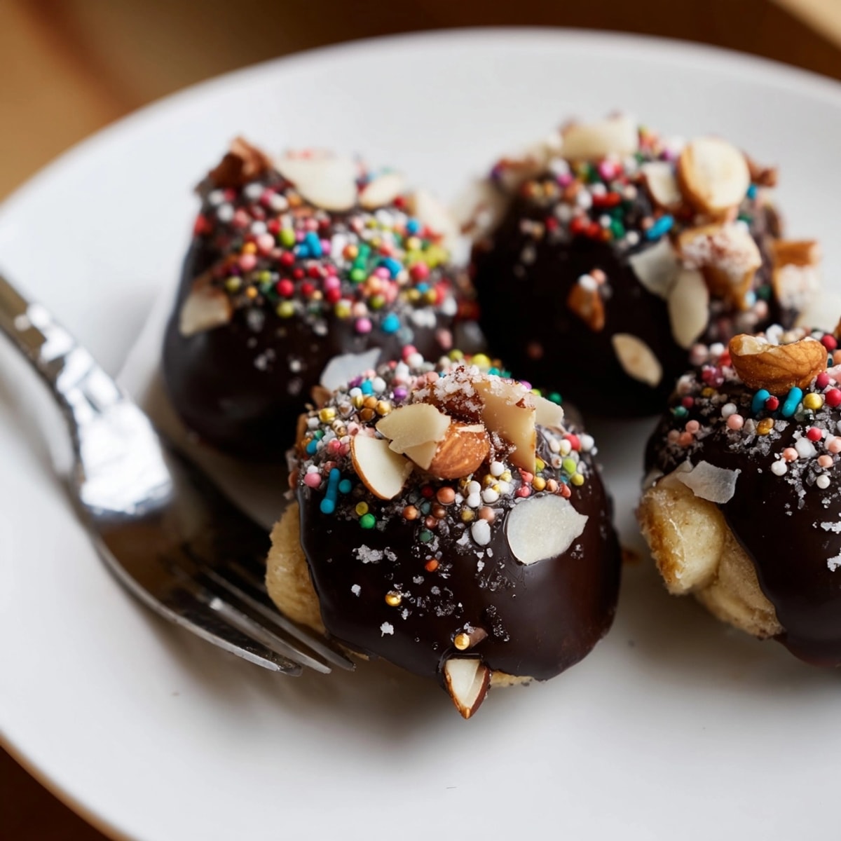 Easy Chocolate Dipped Banana Bites snack recipe: topped with colorful sprinkles and crunchy nuts.