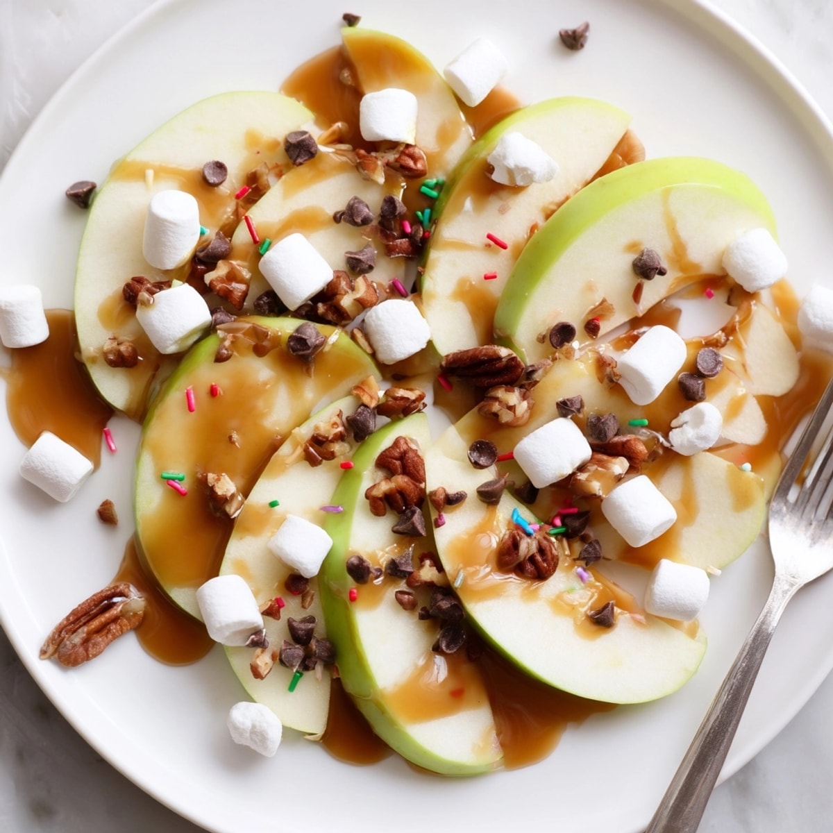 Golden Caramel Apple Nachos dripping with caramel, nuts, and chocolate chips on a platter.