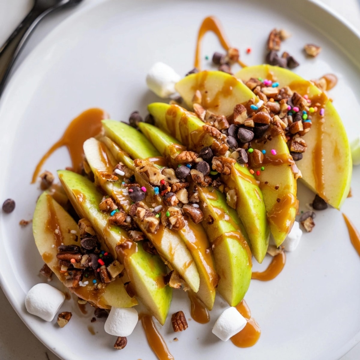 Easy Caramel Apple Nachos recipe: crisp apples topped with caramel, nuts, & chocolate.