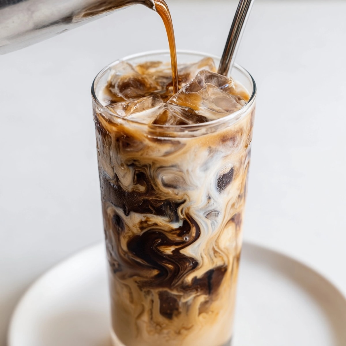 Iced Oat Milk Latte: cool, creamy vegan coffee swirled in a clear glass with ice.