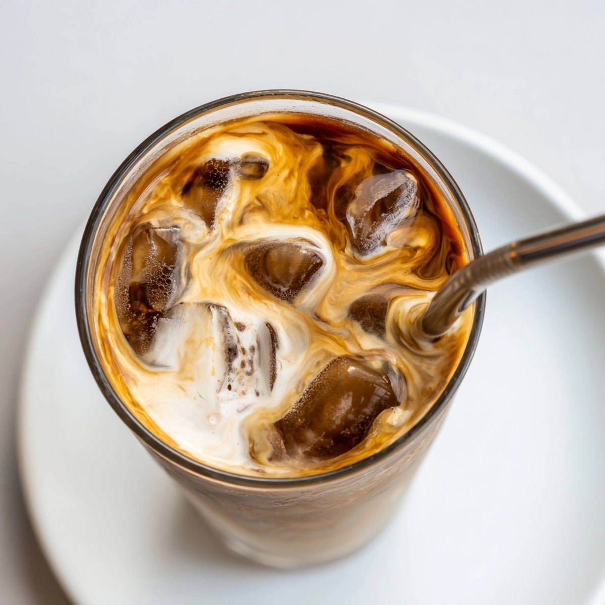 Homemade dairy-free Iced Oat Milk Latte; espresso and oat milk swirled, ready to drink.