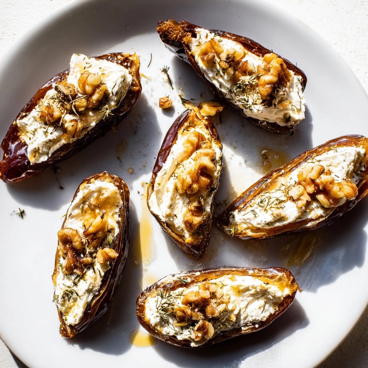 Creamy Goat Cheese Stuffed Dates drizzled with honey, arranged on a rustic serving platter.
