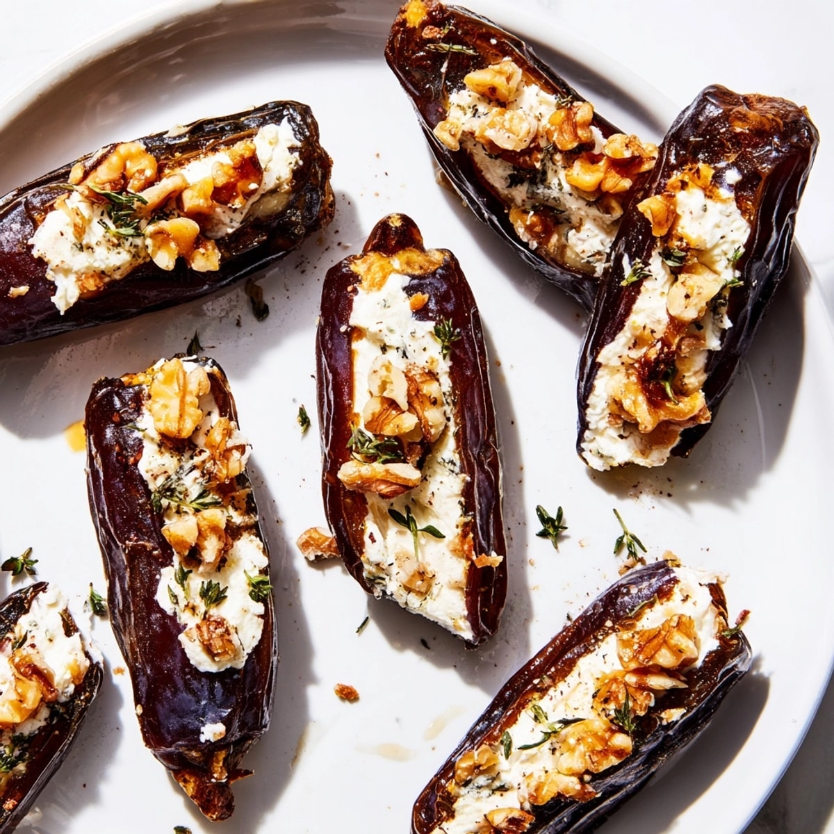 Golden honey-kissed Goat Cheese Stuffed Dates; a delightful holiday appetizer balancing textures and delicious flavors.