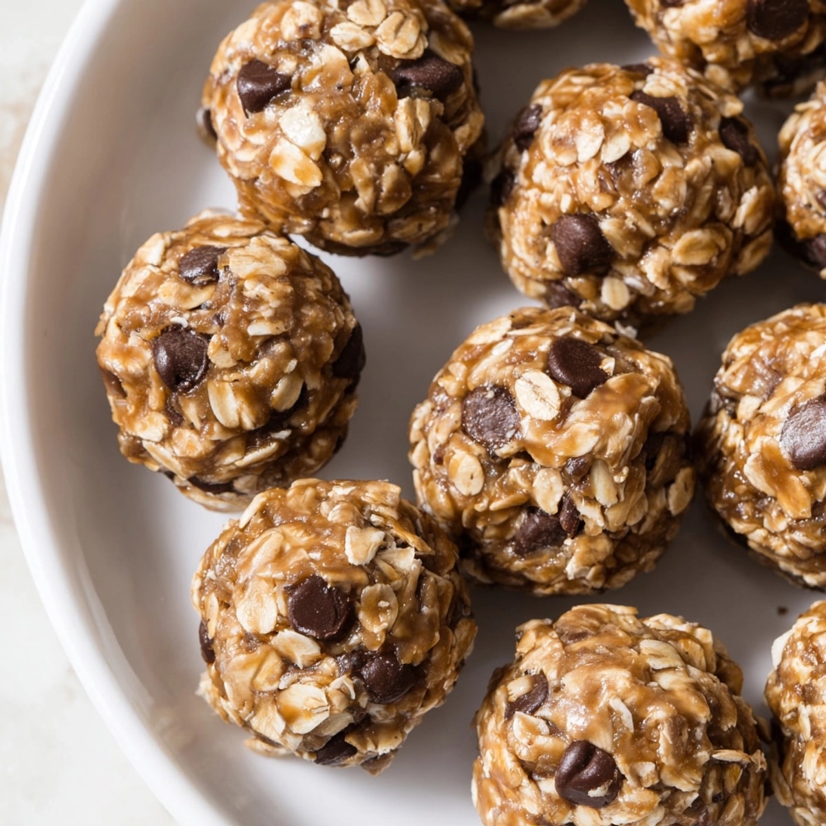 Homemade No-Bake Energy Bites: soft oats, peanut butter, and chocolate, chilled for snacking.