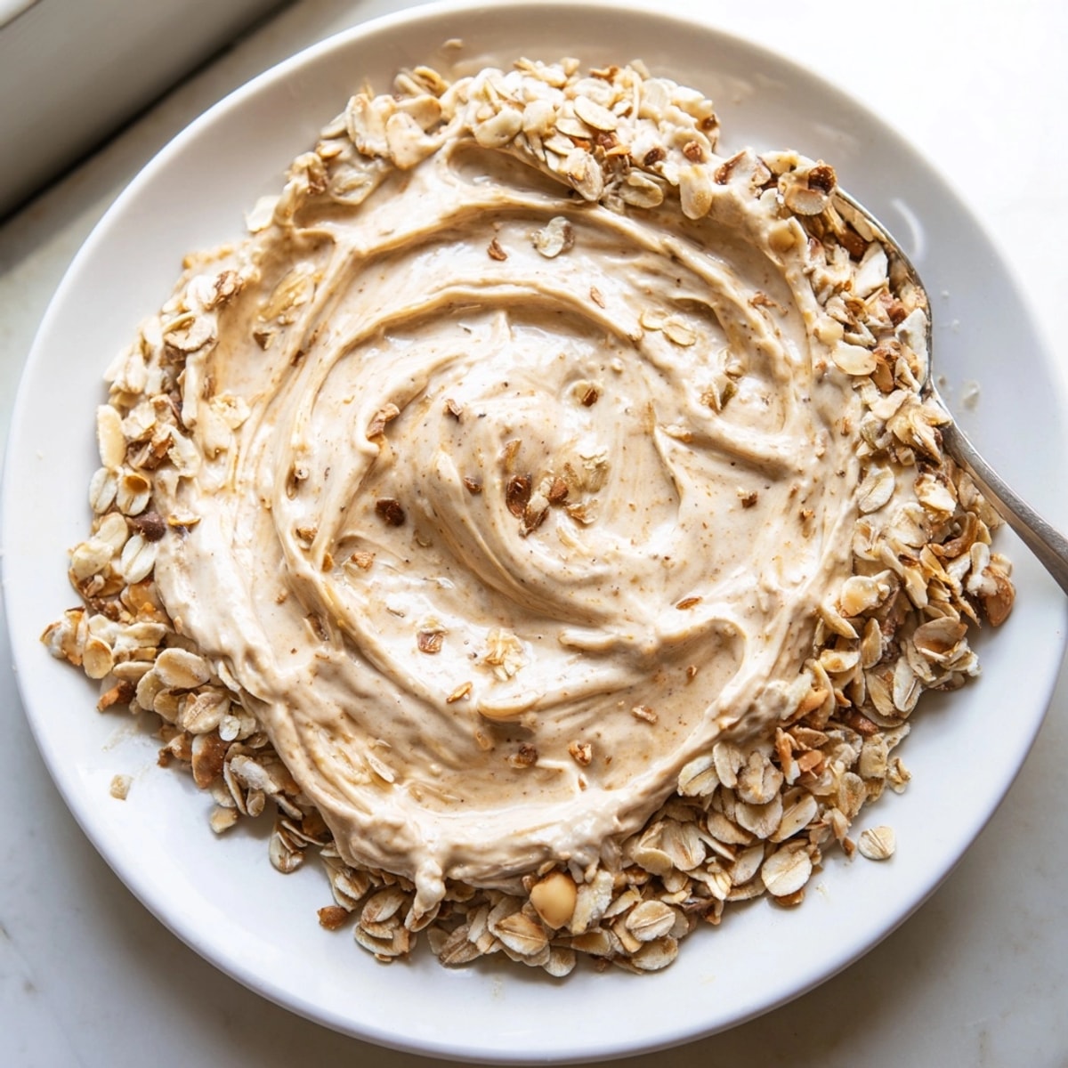 Creamy Homemade Granola Butter swirled in a glass jar, flecked with cinnamon spice.