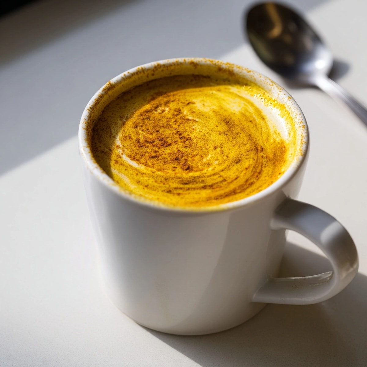 Creamy Golden Milk Latte in a mug, garnished with cinnamon; soothing, spiced comfort.