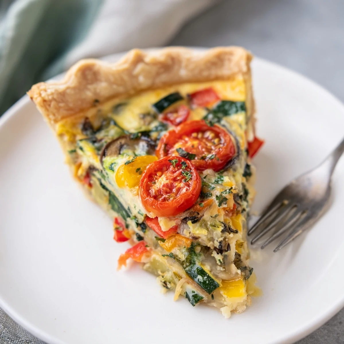 Golden-brown Savory Vegetable Quiche, brimming with colorful veggies and creamy custard, ready to serve.