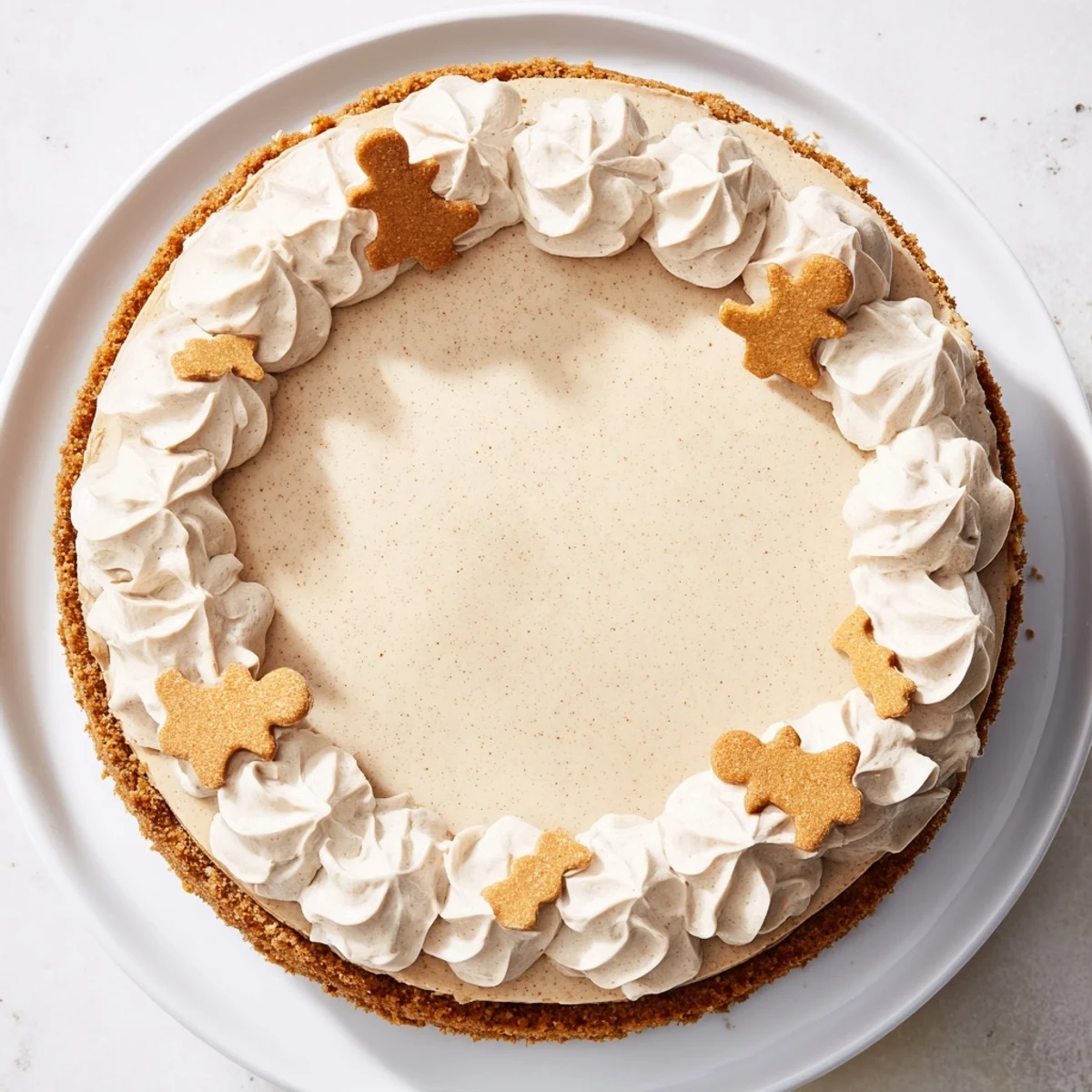 A slice of rich Gingerbread Cheesecake with a creamy filling and spiced cookie crust.