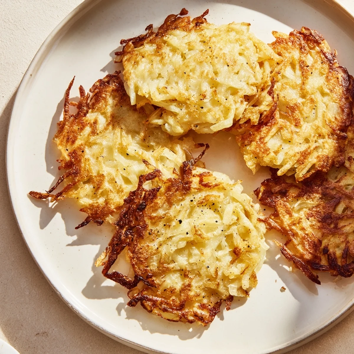 A stack of delicious potato latkes, with beautifully browned edges and a tempting, savory aroma.