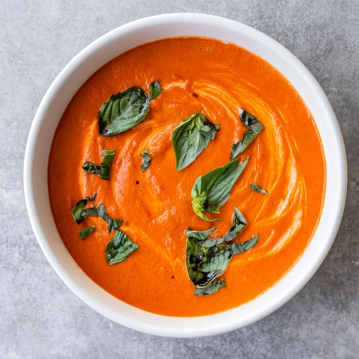 A steaming bowl of creamy tomato basil soup, garnished with fresh basil leaves.