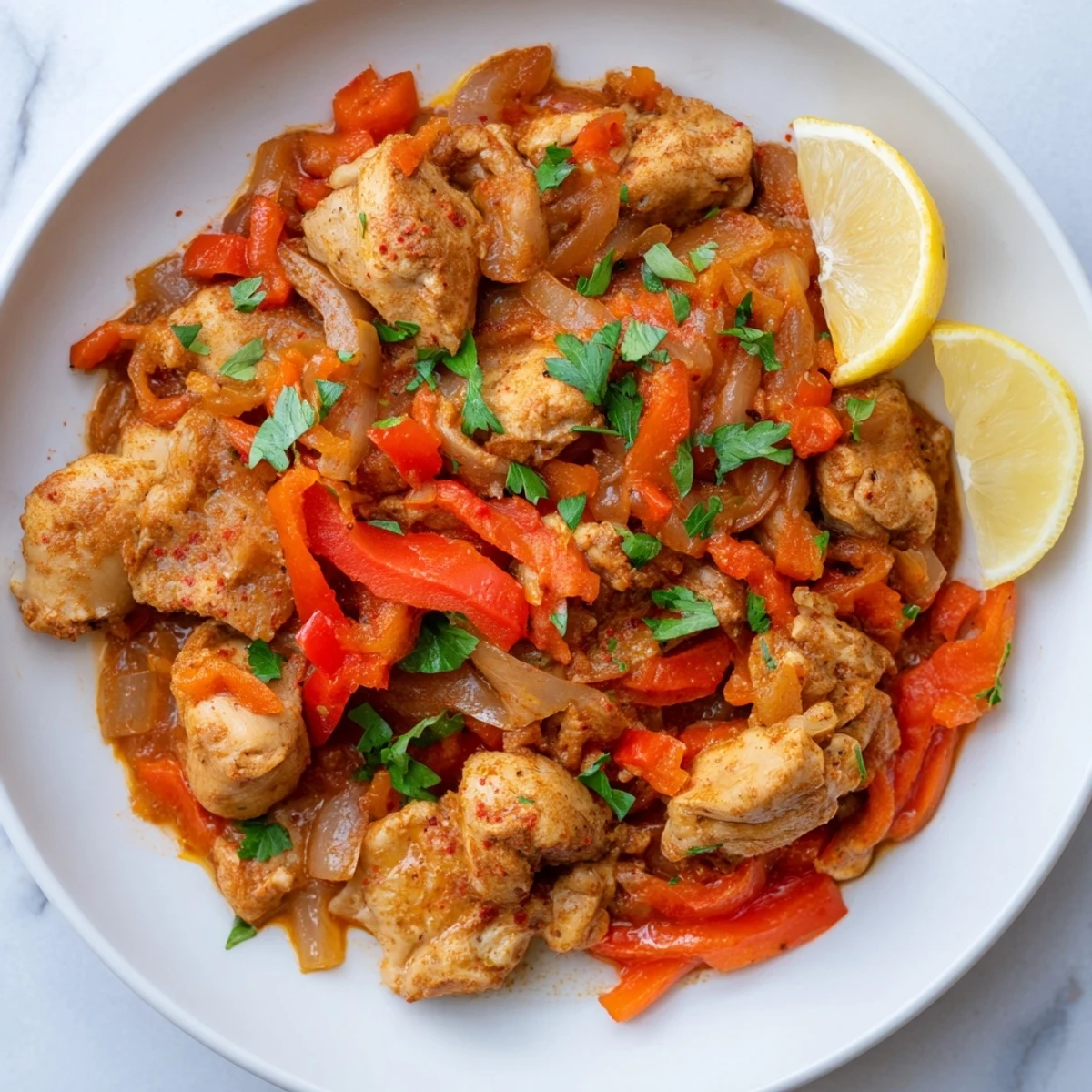 A colorful bowl of Spiced Flavor, garnished with cilantro and lemon wedges, ready to eat.