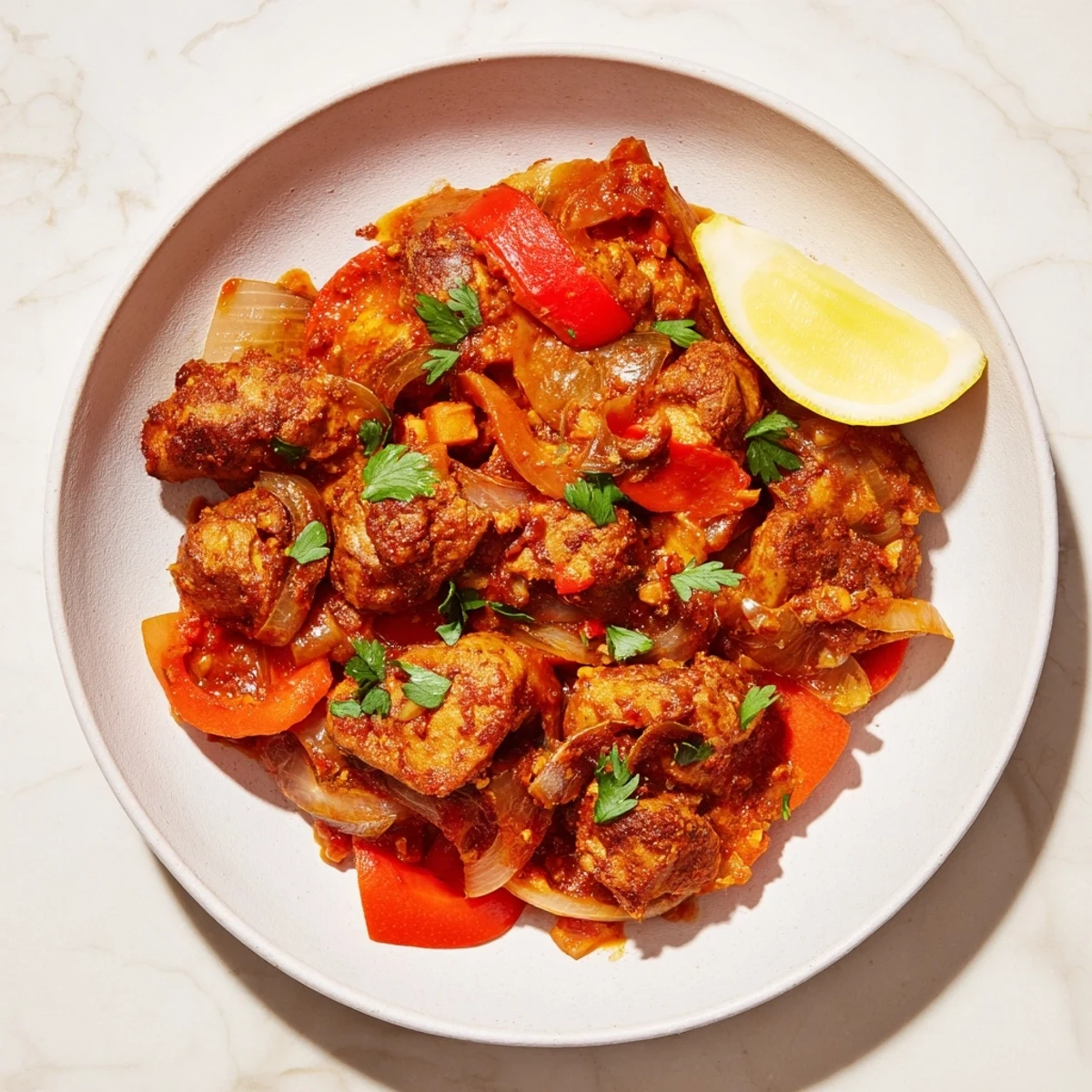 Close-up shot shows steaming Spiced Flavor with tender chicken and a rich, flavorful sauce.