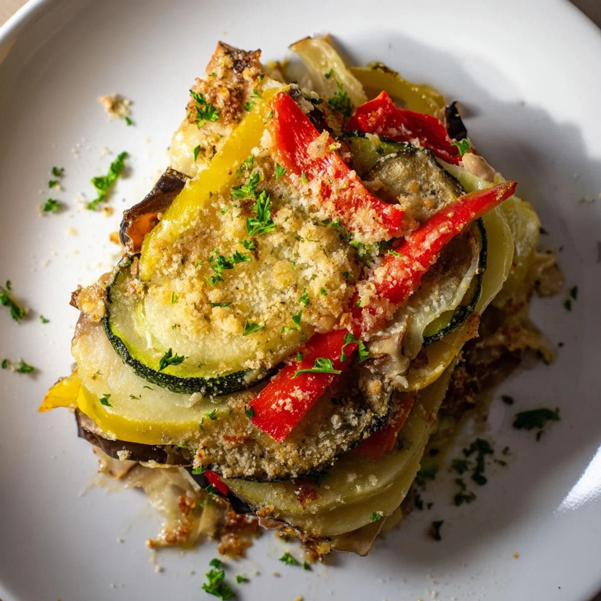 Golden, bubbly Baked Vegetable Gratin with layers of tender vegetables and creamy sauce.