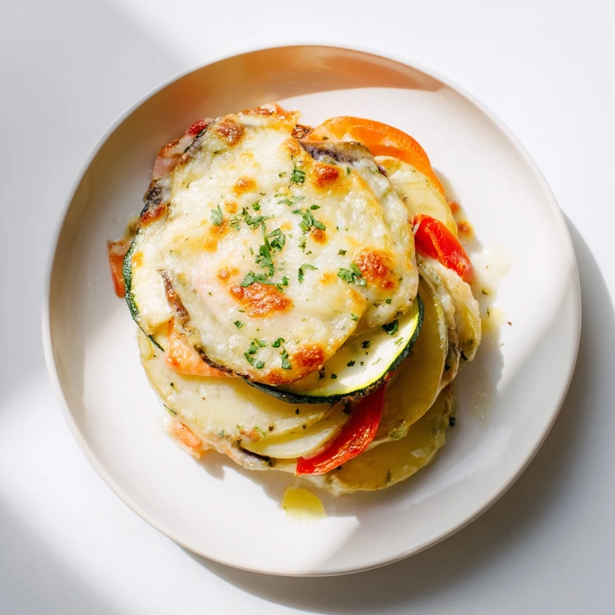 A close-up of a rustic Baked Vegetable Gratin, showcasing cheesy, browned top and vibrant veggies.
