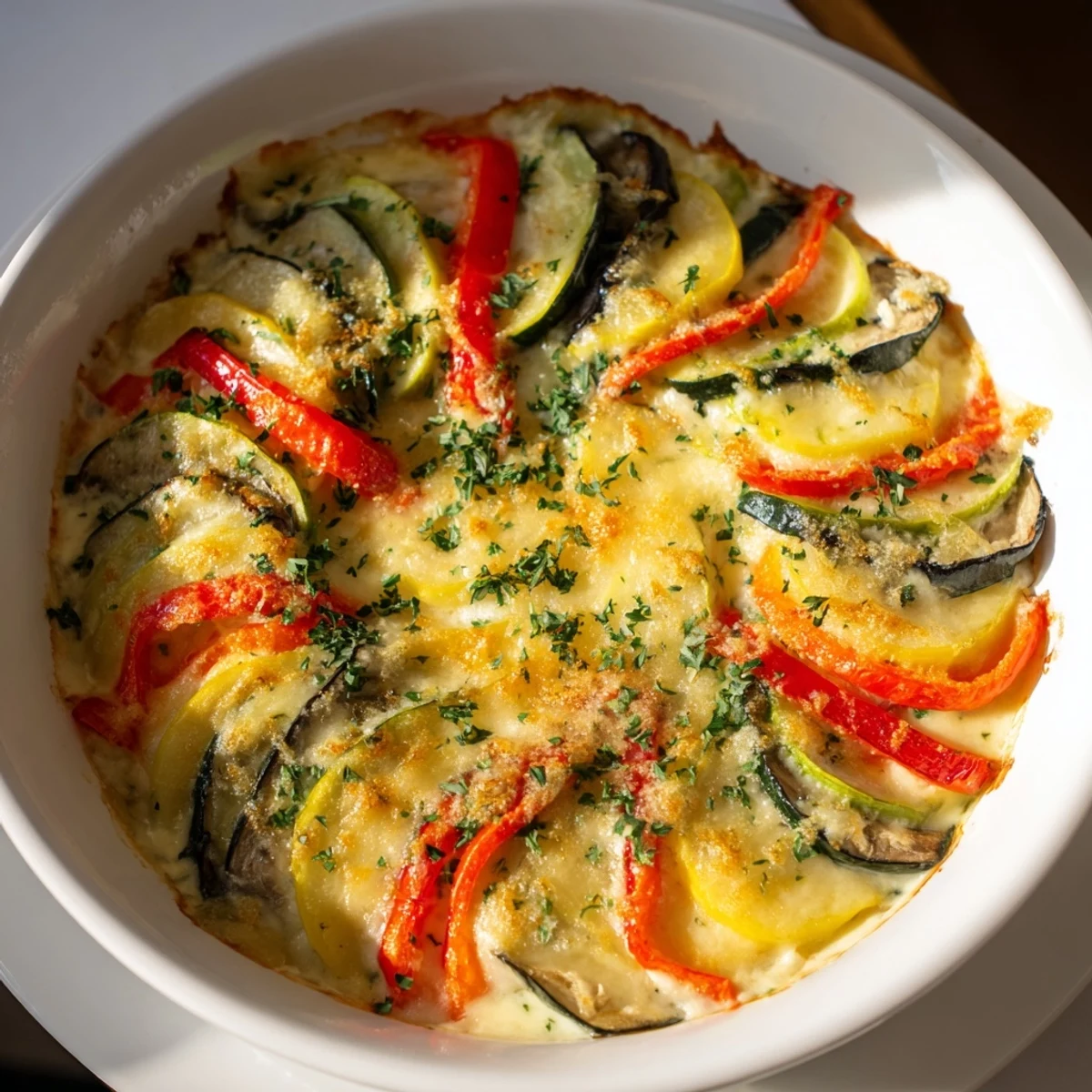 Perfectly baked, cheesy Baked Vegetable Gratin, ready to serve as a comforting vegetarian meal.