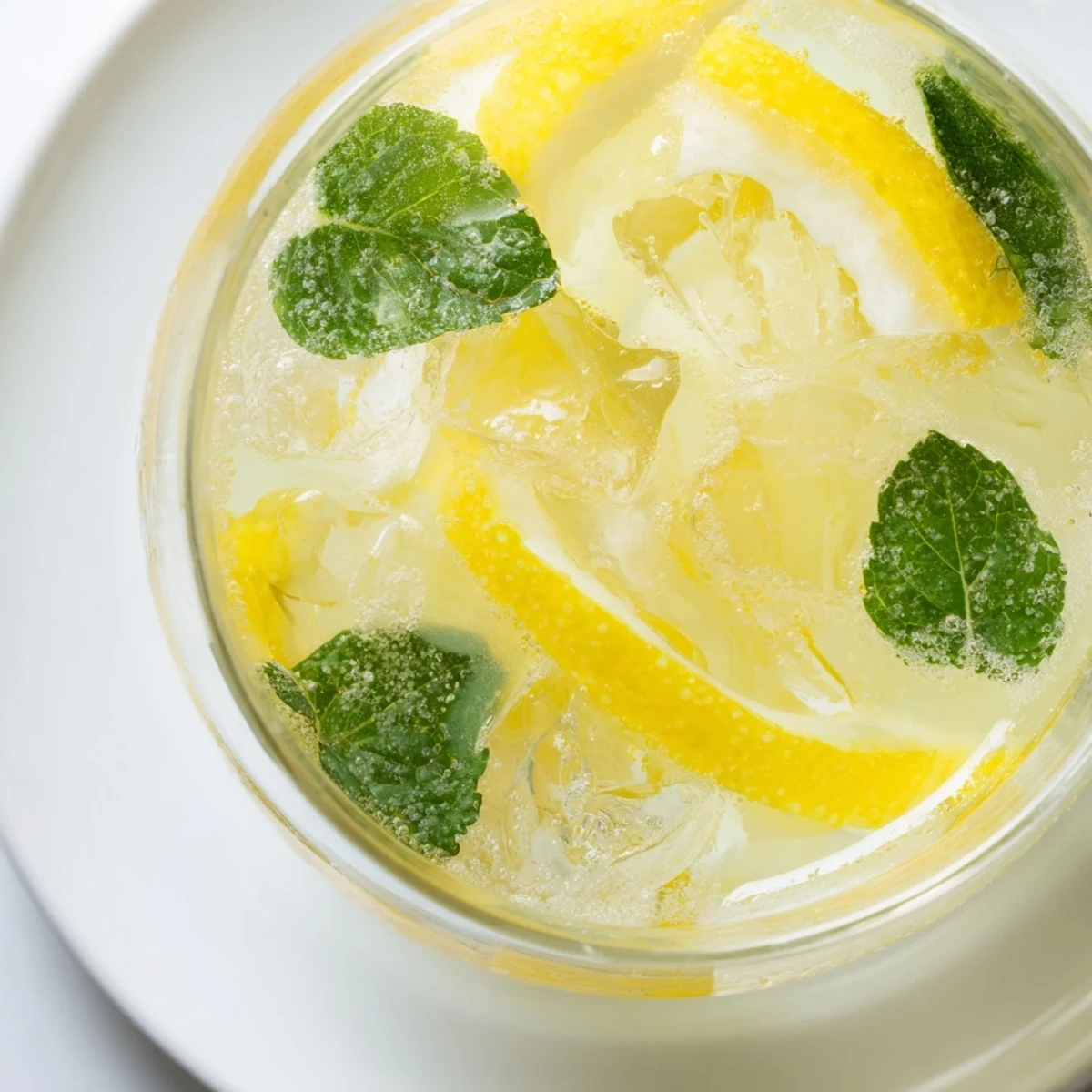 Fresh Lemonade, with mint sprigs and lemon slices, a brightly colored summer drink.