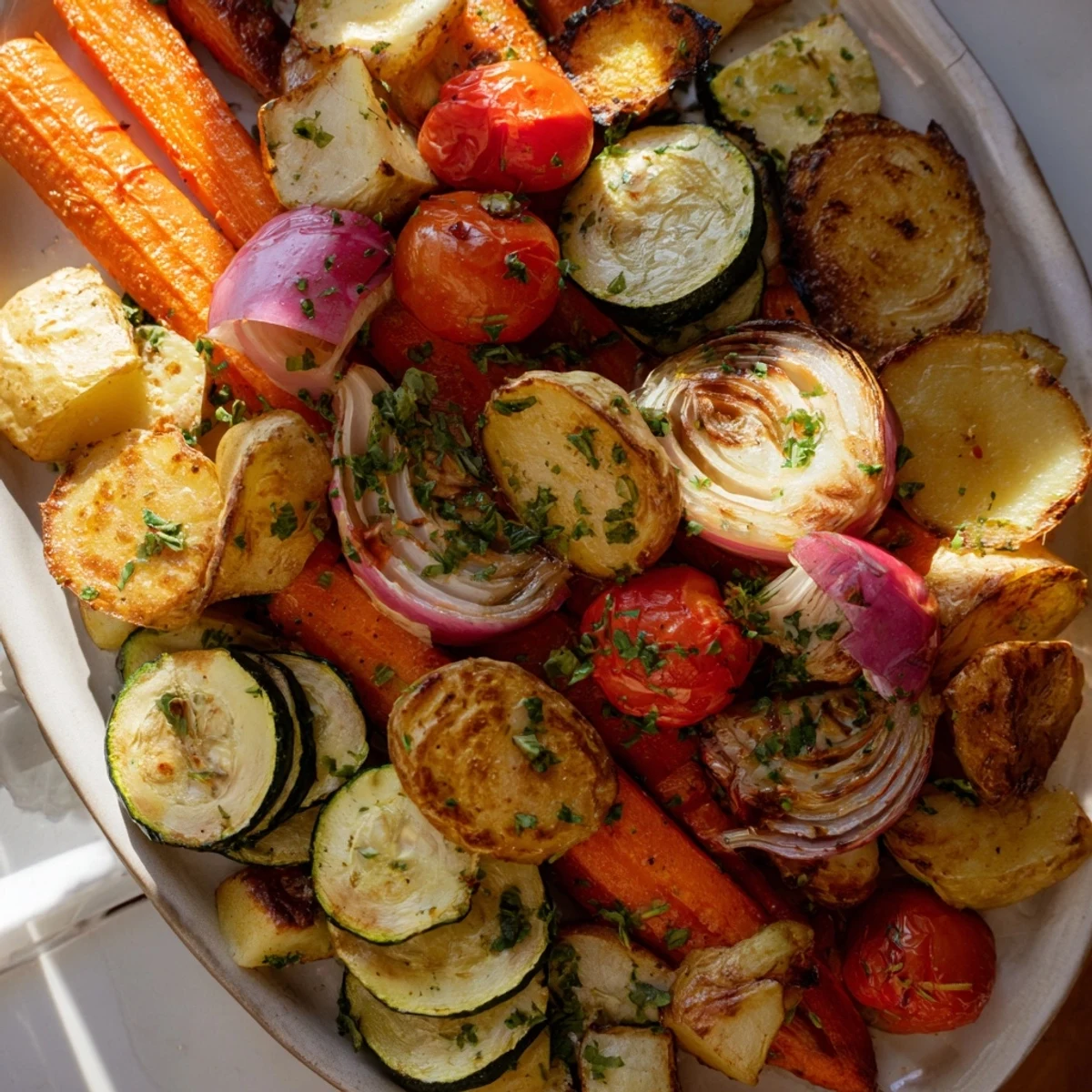 Golden, caramelized Roasted Vegetable Medley, a colorful mix of tender roasted seasonal vegetables.