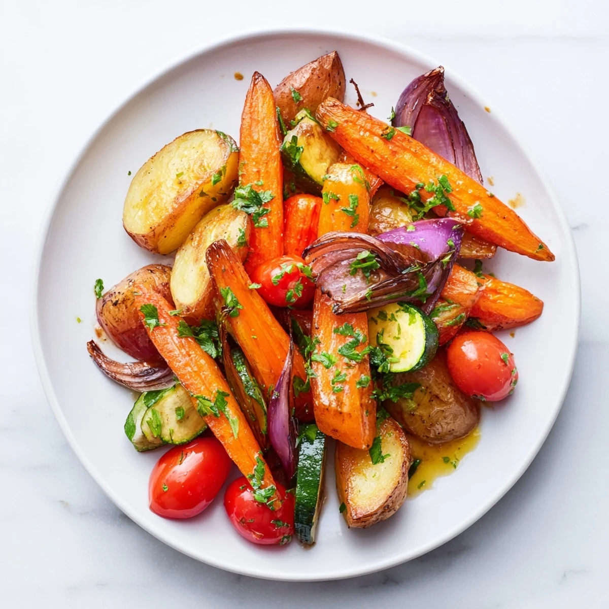 A delicious Roasted Vegetable Medley showing perfectly roasted vegetables with aromatic herbs, ready to serve.