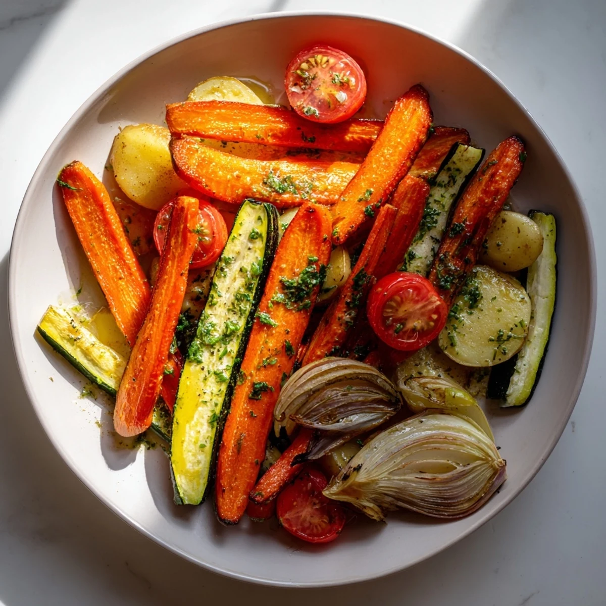 Tender, oven-roasted Roasted Vegetable Medley, bursting with the natural sweetness of summer produce.
