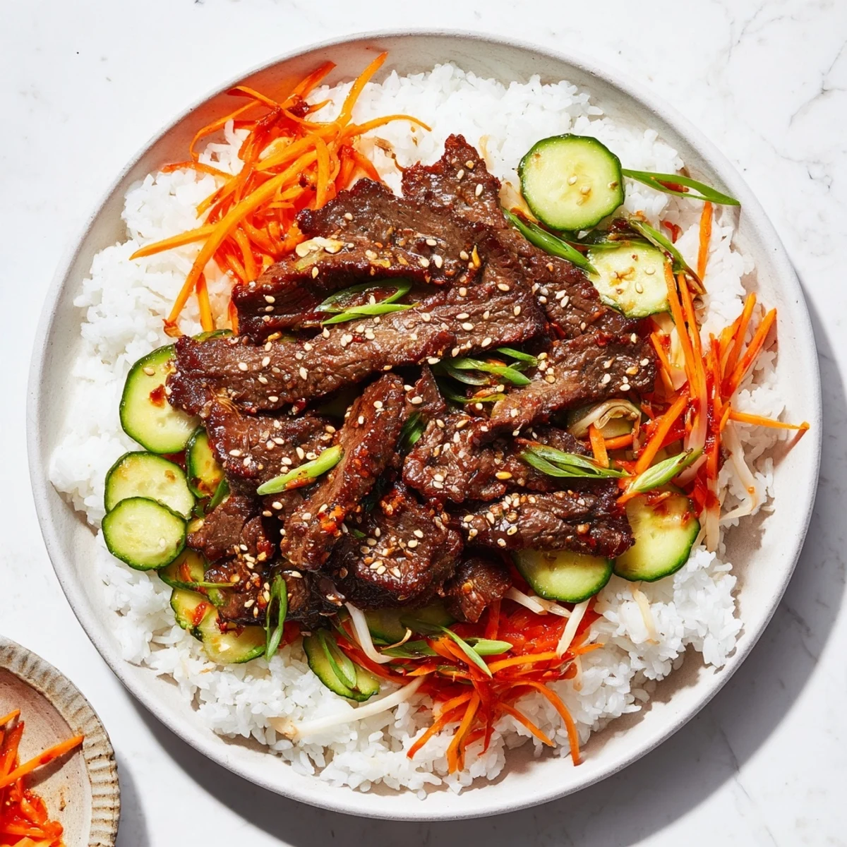 Close-up shot: a delicious Spicy Korean Beef Bowl ready to eat, with a sweet and spicy aroma.