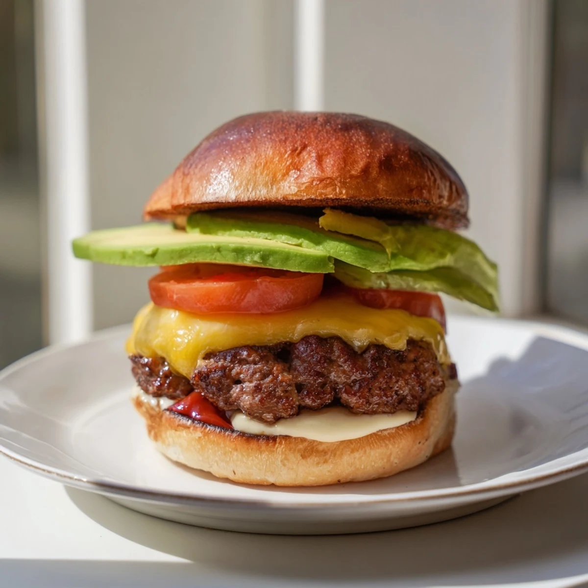 Juicy beef burger with avocado, nestled between toasted buns, ready for a delicious first bite.