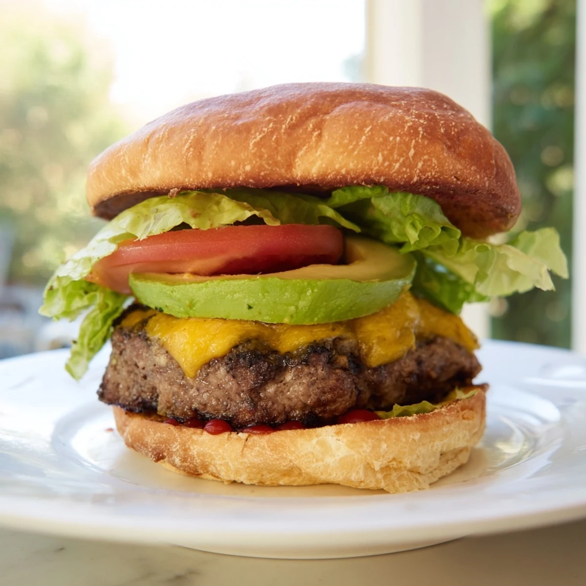 A fresh beef burger with avocado, stacked with tomato and lettuce, perfect for a summer cookout.