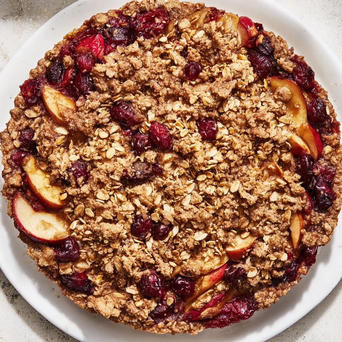 Golden-baked cranberry apple crisp bubbling, warm and ready to serve with a scoop of vanilla ice cream.