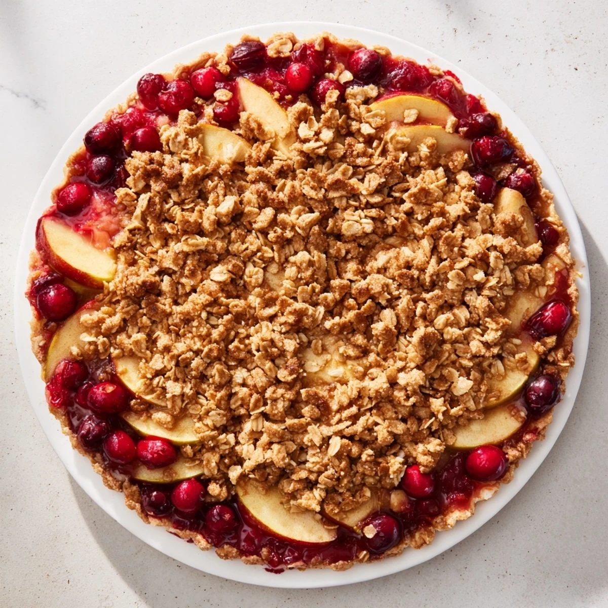 Freshly baked cranberry apple crisp featuring a delightful, sweet-tart fruit filling under a crispy oat topping.