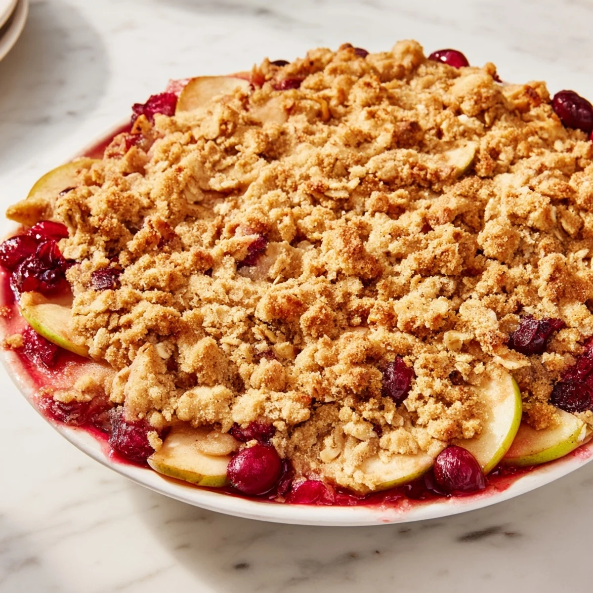 Close-up of a bubbling, buttery cranberry apple crisp, the perfect cozy dessert for a chilly evening.