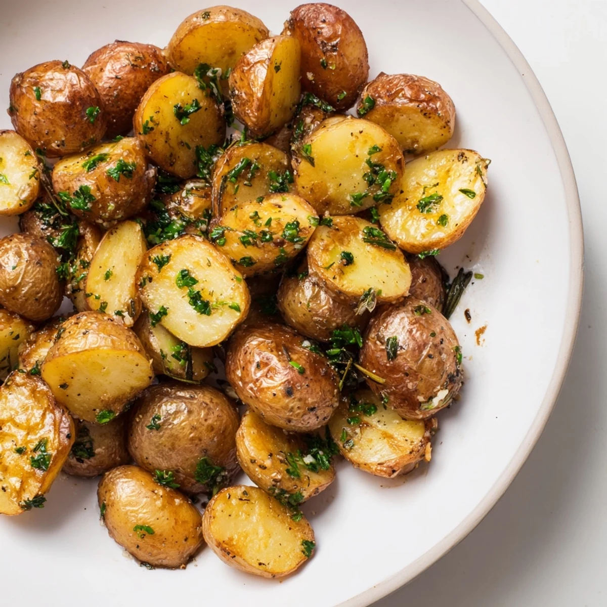 Golden brown Garlic Herb Roasted Potatoes, perfectly seasoned, ready to be enjoyed as a tasty side.