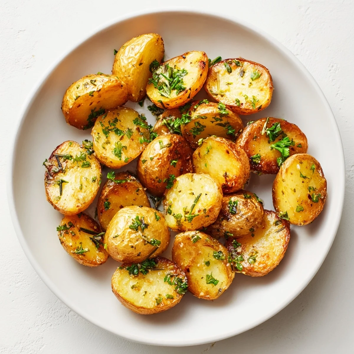 Aromatic Garlic Herb Roasted Potatoes, crispy and seasoned, served with a garnish of fresh parsley.