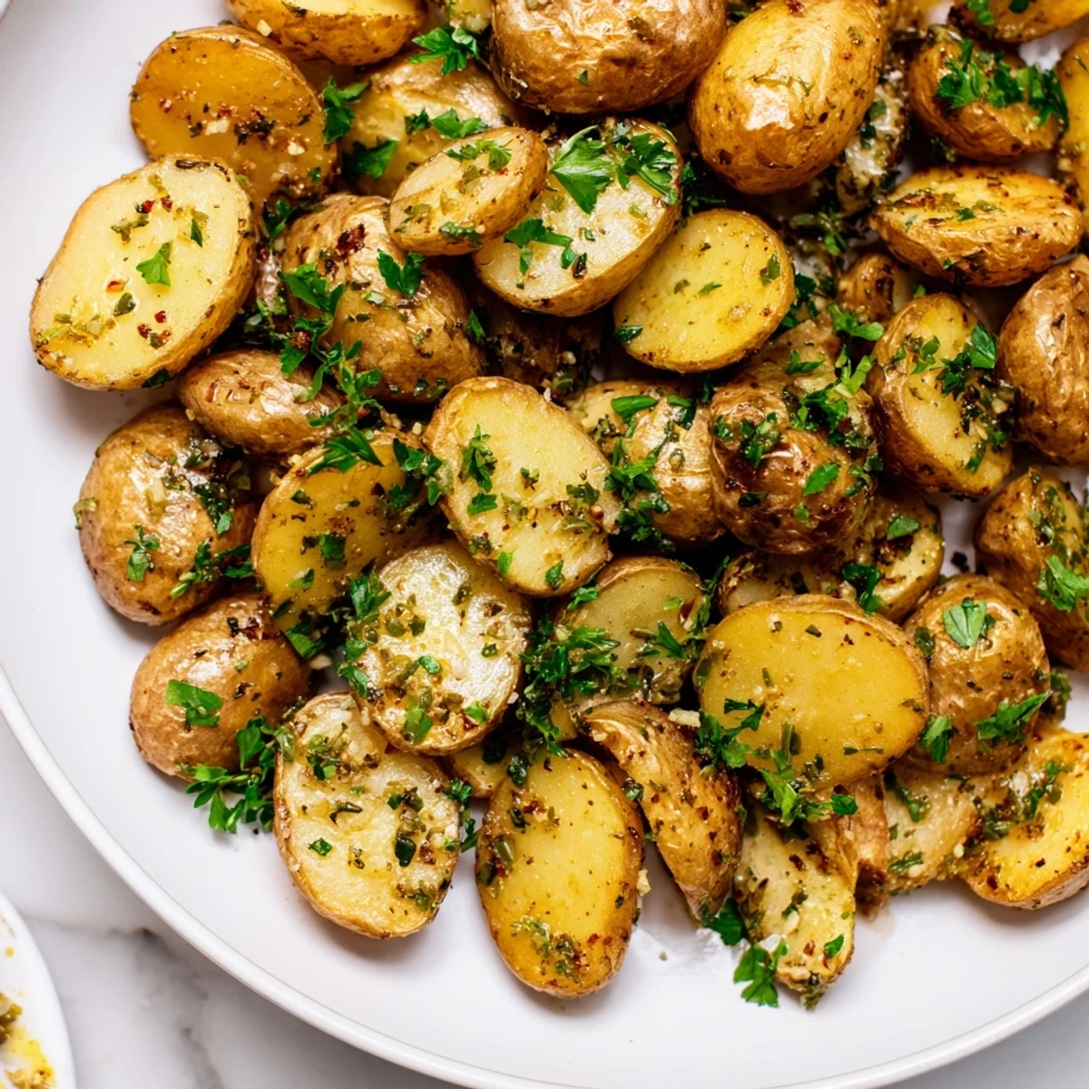 Close-up of freshly baked Garlic Herb Roasted Potatoes, infused with herbs, promising a delicious bite.
